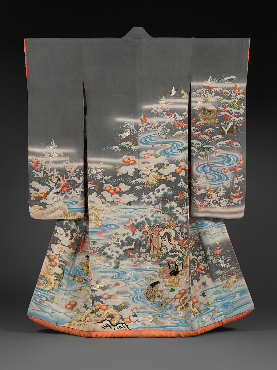 Outer Robe (Uchikake) with Scenes of Filial Piety, Crepe silk with paste-resist dyeing and silk- and gold-thread embroidery, Japan