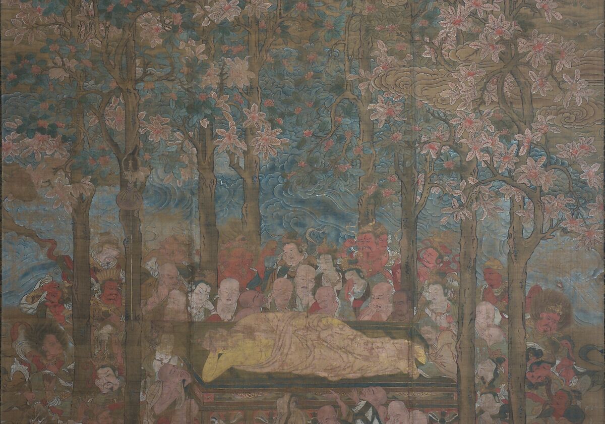 Death of the Historical Buddha (Nehan-zu), Hanging scroll; ink, color, and gold on silk, Japan