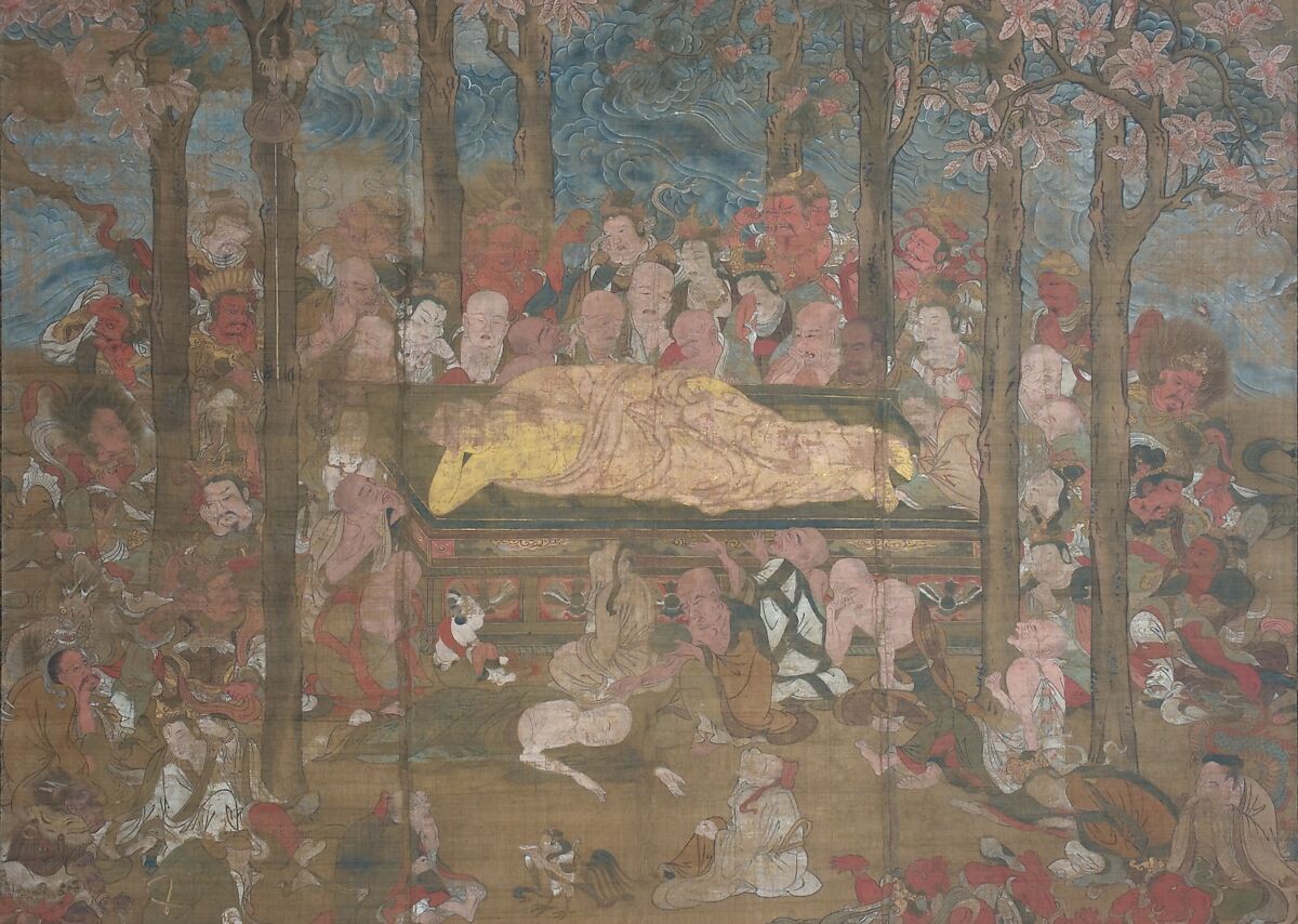 Death of the Historical Buddha (Nehan-zu), Hanging scroll; ink, color, and gold on silk, Japan