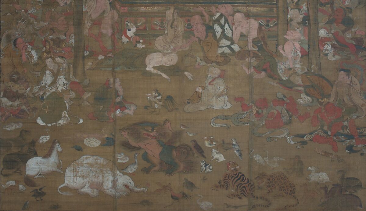 Death of the Historical Buddha (Nehan-zu), Hanging scroll; ink, color, and gold on silk, Japan