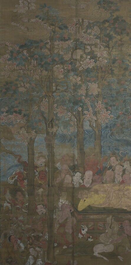 Death of the Historical Buddha (Nehan-zu), Hanging scroll; ink, color, and gold on silk, Japan