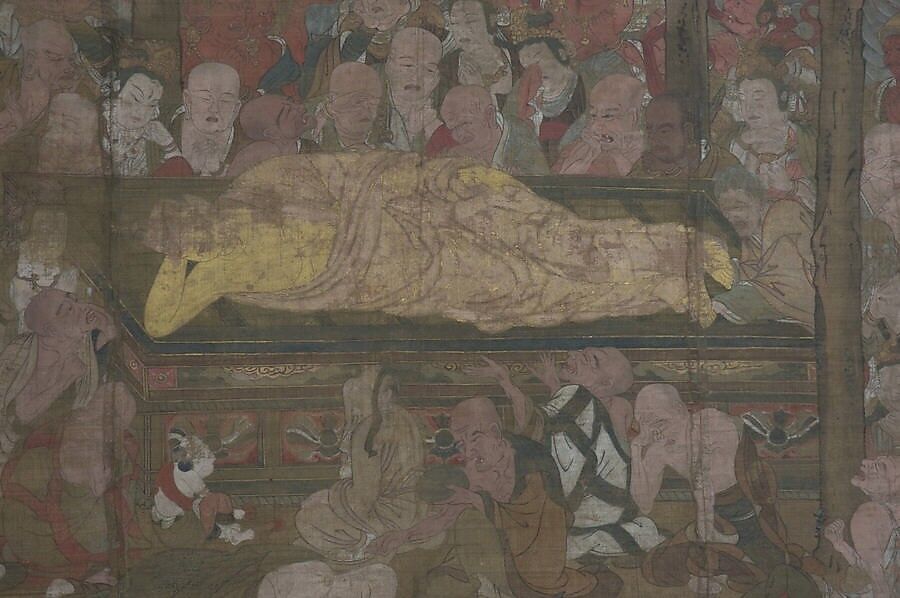 Death of the Historical Buddha (Nehan-zu), Hanging scroll; ink, color, and gold on silk, Japan