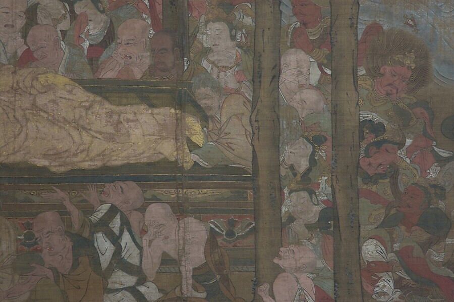 Death of the Historical Buddha (Nehan-zu), Hanging scroll; ink, color, and gold on silk, Japan