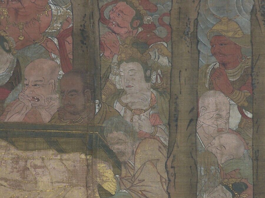 Death of the Historical Buddha (Nehan-zu), Hanging scroll; ink, color, and gold on silk, Japan