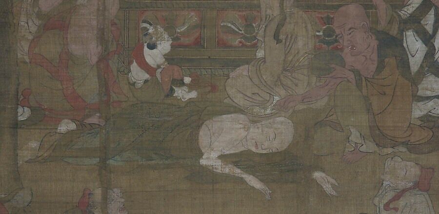 Death of the Historical Buddha (Nehan-zu), Hanging scroll; ink, color, and gold on silk, Japan