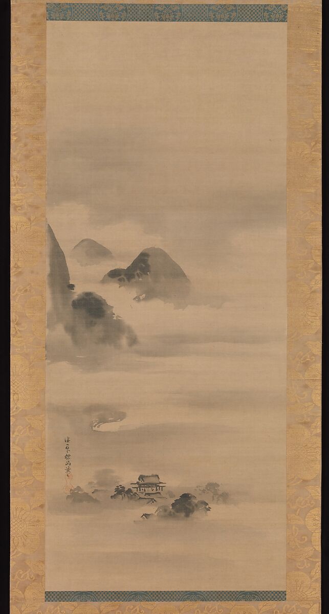 Landscape in Moonlight, Kano Tan&#39;yū (Japanese, 1602–1674), One of a triptych of hanging scrolls; ink on silk, Japan 