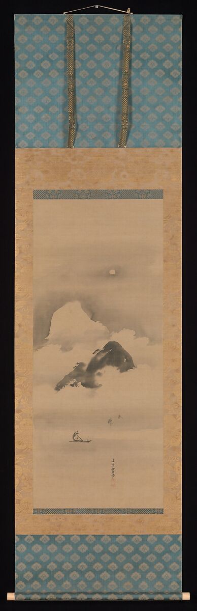 Landscape in Moonlight, Kano Tan'yū (Japanese, 1602–1674), One of a triptych of hanging scrolls; ink on silk, Japan