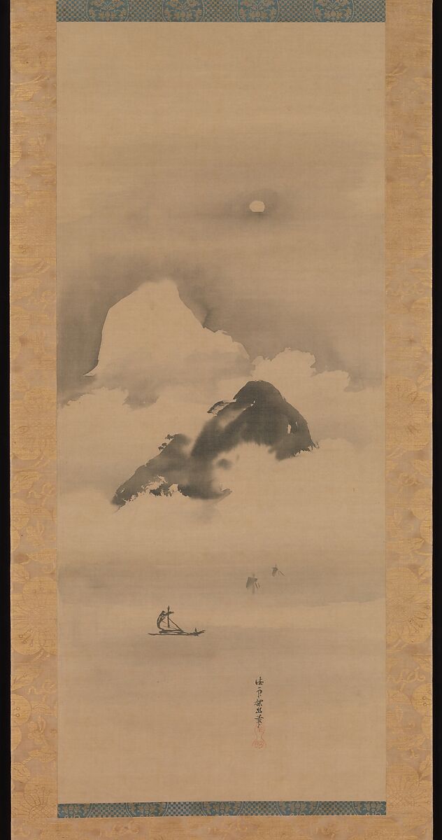 Landscape in Moonlight, Kano Tan&#39;yū (Japanese, 1602–1674), One of a triptych of hanging scrolls; ink on silk, Japan 