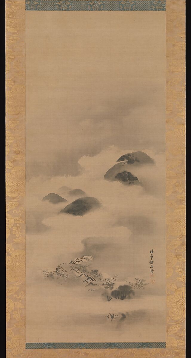 Landscape in Moonlight, Kano Tan&#39;yū (Japanese, 1602–1674), One of a triptych of hanging scrolls; ink on silk, Japan 