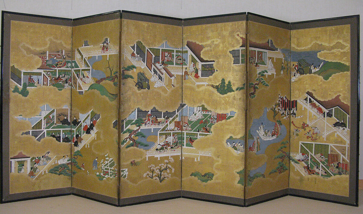 Scenes from the Tale of Genji, Six-panel folding screen; ink, color, and gold on paper, Japan 