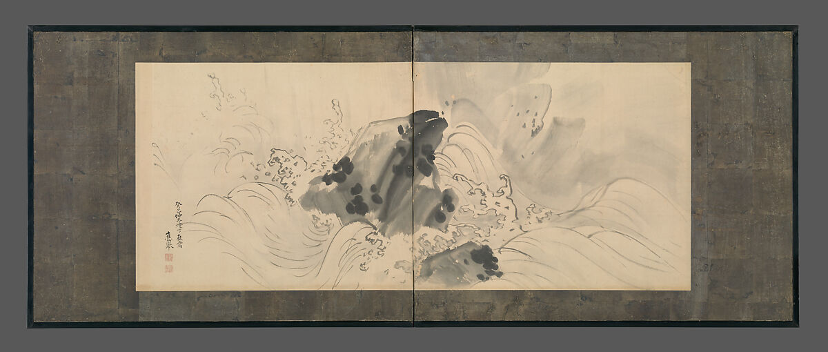 Rock and Waves, Maruyama Ōkyo 円山応挙 (Japanese, 1733–1795), Two-panel folding screen; ink and color on paper, Japan 