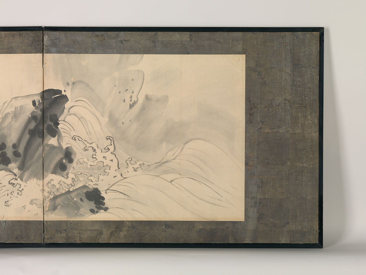 Rock and Waves, Maruyama Ōkyo 円山応挙 (Japanese, 1733–1795), Two-panel folding screen; ink and color on paper, Japan