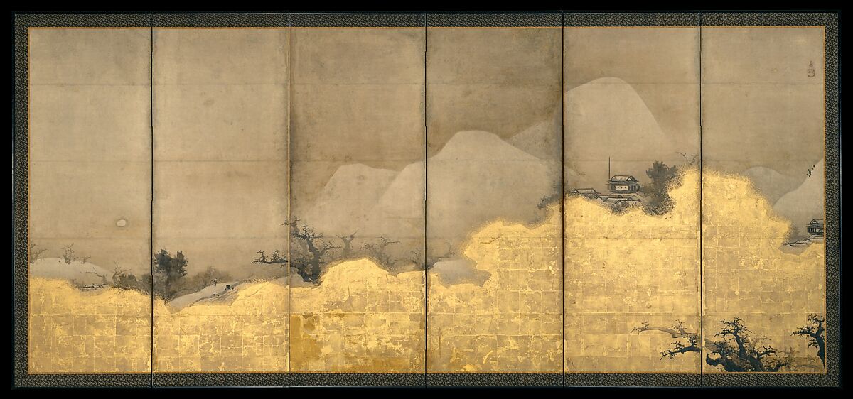 Scenes from the Eight Views of the Xiao and Xiang Rivers, Unkoku Tōeki (Japanese, 1591–1644), Pair of six-panel screens; ink and gold on paper, Japan 