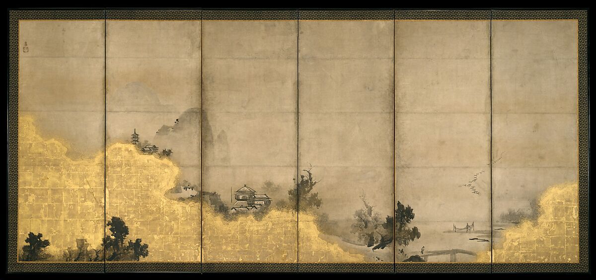 Scenes from the Eight Views of the Xiao and Xiang Rivers, Unkoku Tōeki (Japanese, 1591–1644), Pair of six-panel screens; ink and gold on paper, Japan