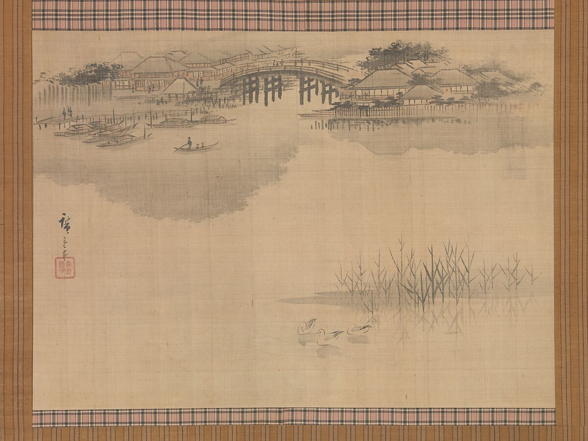 The Imado Bridge at the Foot of Mount Matsuchi, Utagawa Hiroshige (Japanese, Tokyo (Edo) 1797–1858 Tokyo (Edo)), Hanging scroll; ink and color on silk, Japan 