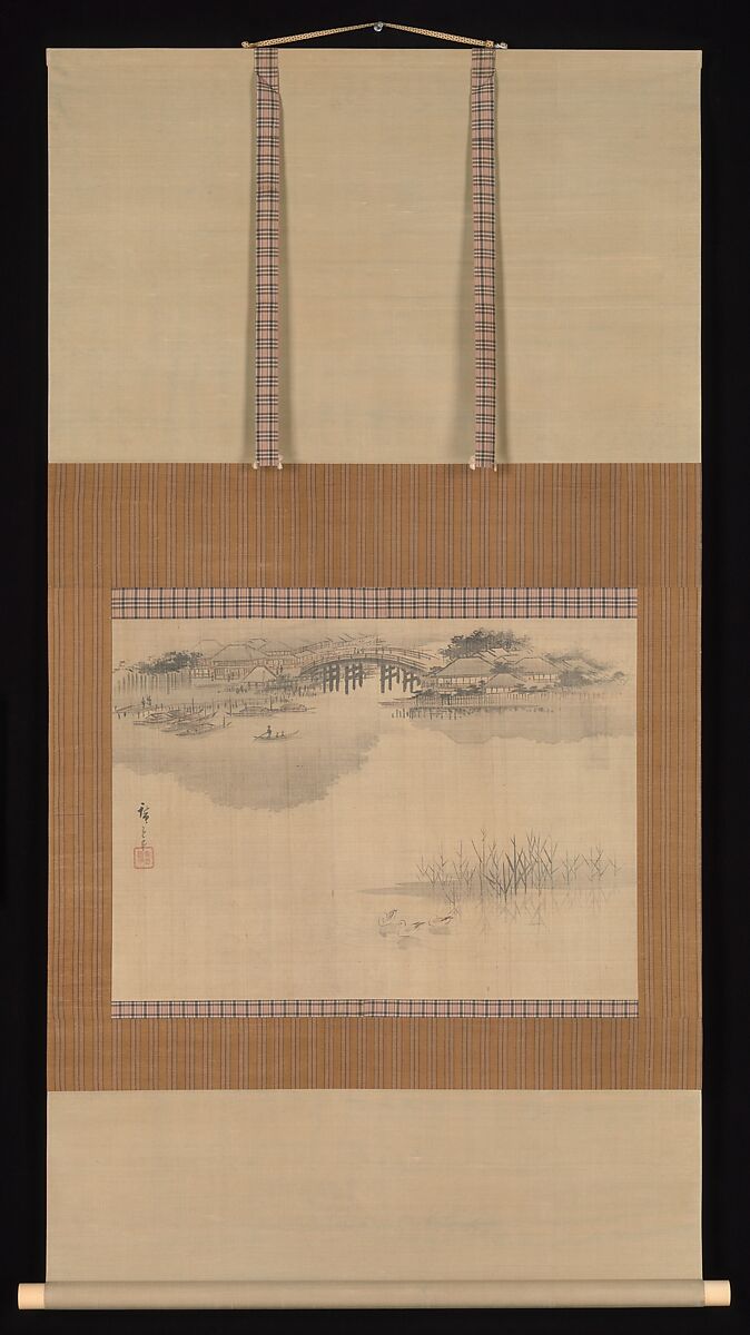 The Imado Bridge at the Foot of Mount Matsuchi, Utagawa Hiroshige (Japanese, Tokyo (Edo) 1797–1858 Tokyo (Edo)), Hanging scroll; ink and color on silk, Japan