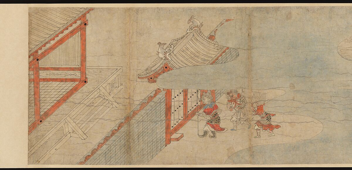 Illustrated Legends of the Kitano Tenjin Shrine (Kitano Tenjin engi emaki), Set of five handscrolls; ink, color, and cut gold leaf (kirikane) on paper, Japan