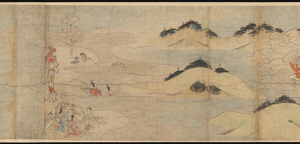 Illustrated Legends of the Kitano Tenjin Shrine (Kitano Tenjin engi emaki), Set of five handscrolls; ink, color, and cut gold leaf (kirikane) on paper, Japan