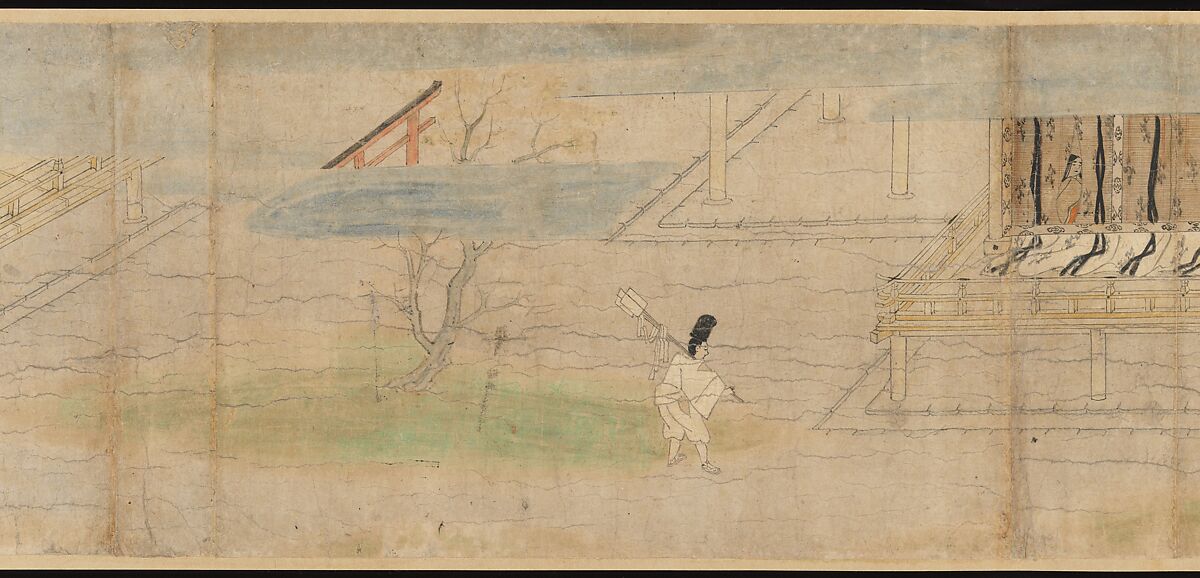 Illustrated Legends of the Kitano Tenjin Shrine (Kitano Tenjin engi emaki), Set of five handscrolls; ink, color, and cut gold leaf (kirikane) on paper, Japan