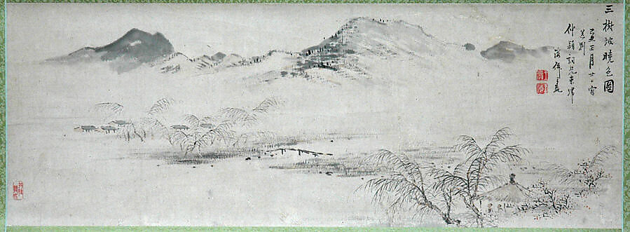 View of the Kamo River from Sanbogi at Dawn, Oda Kaisen (Japanese, 1785–1862), Hanging scroll; ink and color on paper, Japan 