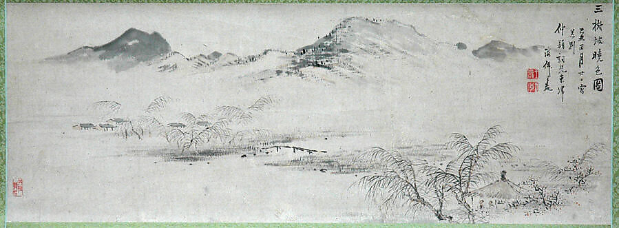 View of the Kamo River from Sanbogi at Dawn, Oda Kaisen (Japanese, 1785–1862), Hanging scroll; ink and color on paper, Japan
