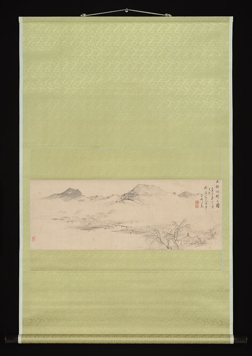 View of the Kamo River from Sanbogi at Dawn, Oda Kaisen (Japanese, 1785–1862), Hanging scroll; ink and color on paper, Japan