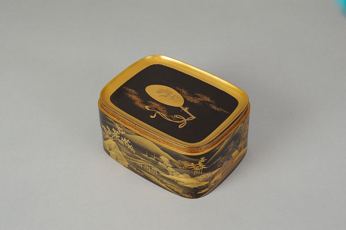 Scene from A Boat upon the Waters, a Chapter from "The Tale of Genji", Gold makie (sprinkled) design on black lacquer, Japan