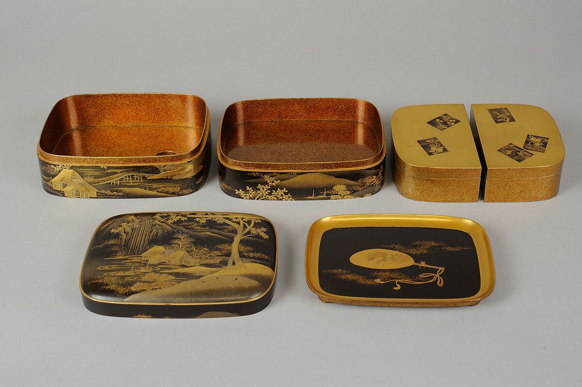 Scene from A Boat upon the Waters, a Chapter from "The Tale of Genji", Gold makie (sprinkled) design on black lacquer, Japan