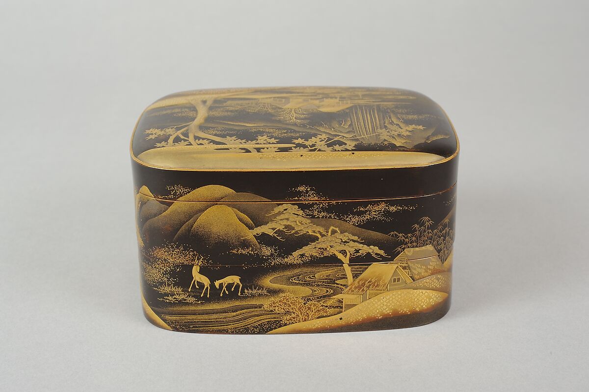 Scene from A Boat upon the Waters, a Chapter from "The Tale of Genji", Gold makie (sprinkled) design on black lacquer, Japan