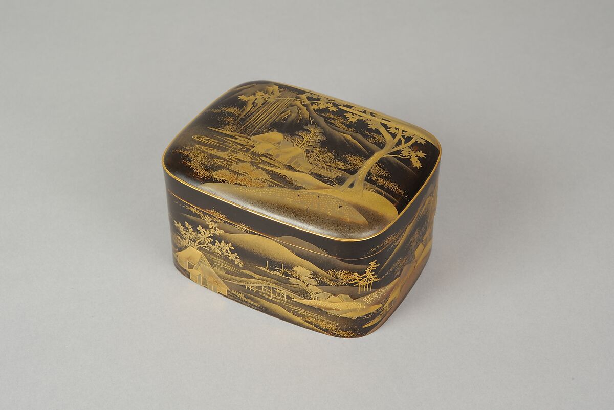 Scene from A Boat upon the Waters, a Chapter from "The Tale of Genji", Gold makie (sprinkled) design on black lacquer, Japan 