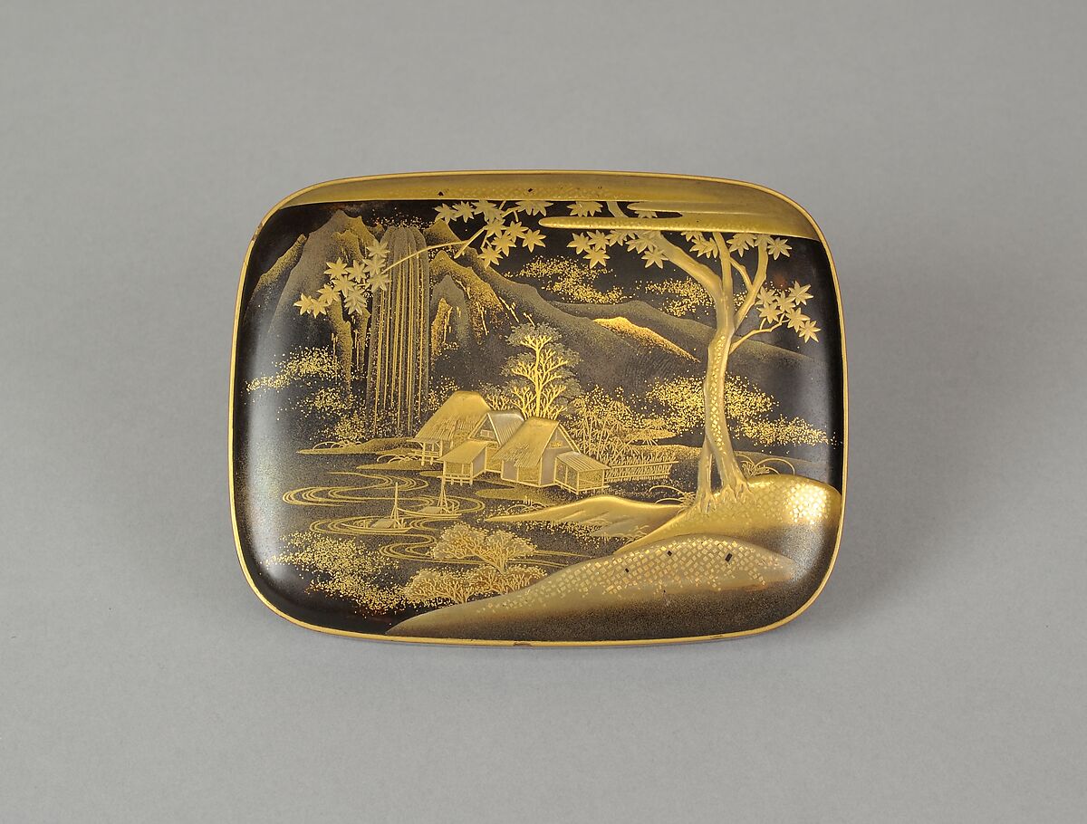 Scene from A Boat upon the Waters, a Chapter from "The Tale of Genji", Gold makie (sprinkled) design on black lacquer, Japan