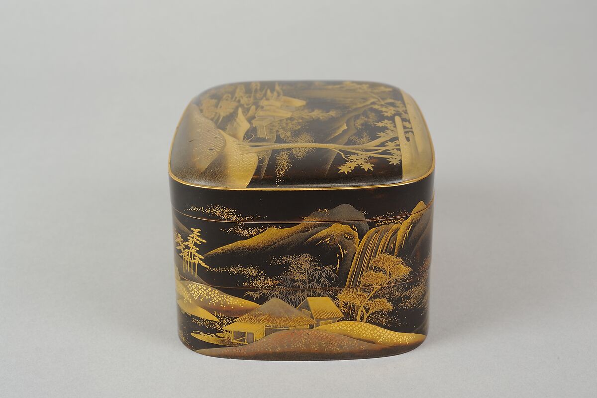 Scene from A Boat upon the Waters, a Chapter from "The Tale of Genji", Gold makie (sprinkled) design on black lacquer, Japan