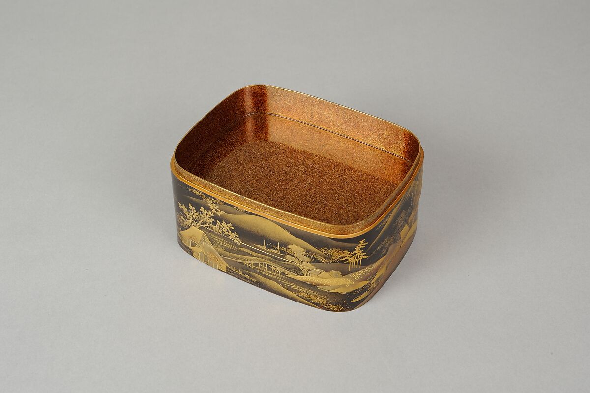 Scene from A Boat upon the Waters, a Chapter from "The Tale of Genji", Gold makie (sprinkled) design on black lacquer, Japan