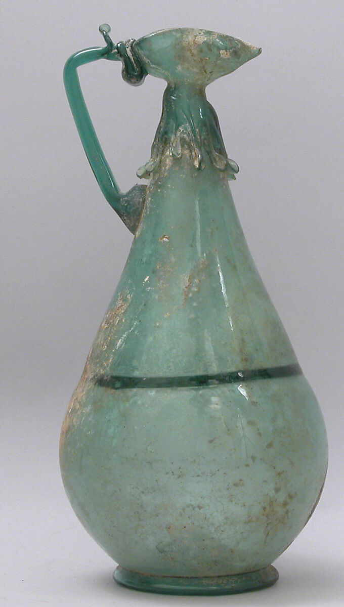 Ewer, Glass; free blown and worked on the pontil with applied decoration