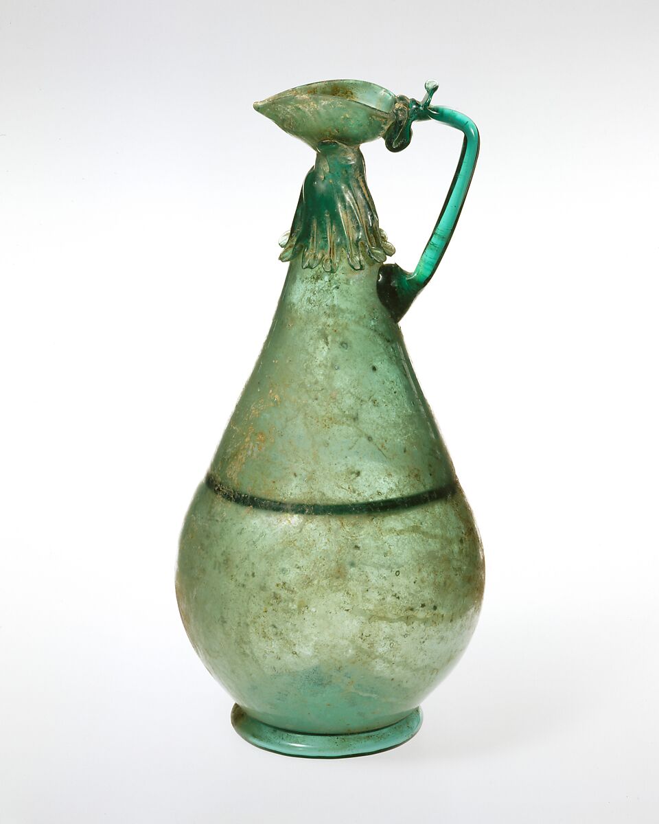 Ewer, Glass; free blown and worked on the pontil with applied decoration 