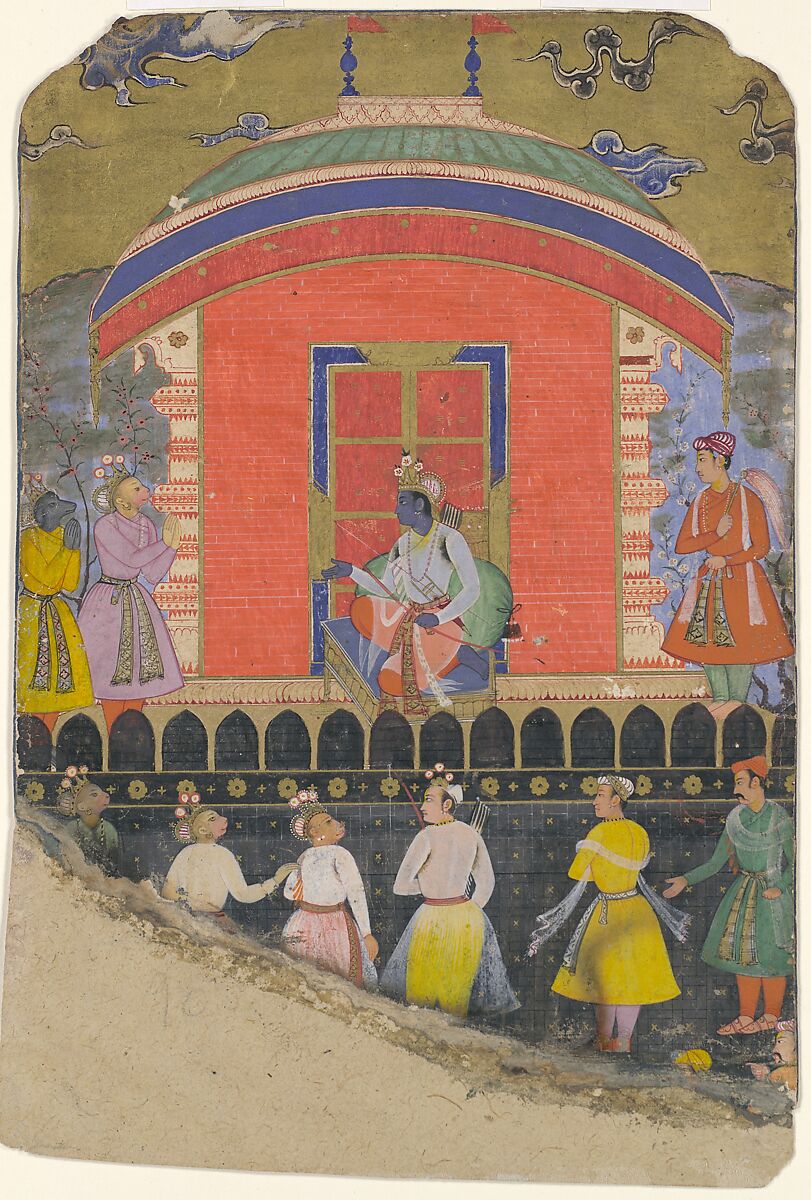 "Rama Receives Sugriva and Jambavat, the Monkey and Bear Kings", Folio from a Ramayana, Ink, opaque watercolor, and gold on paper 