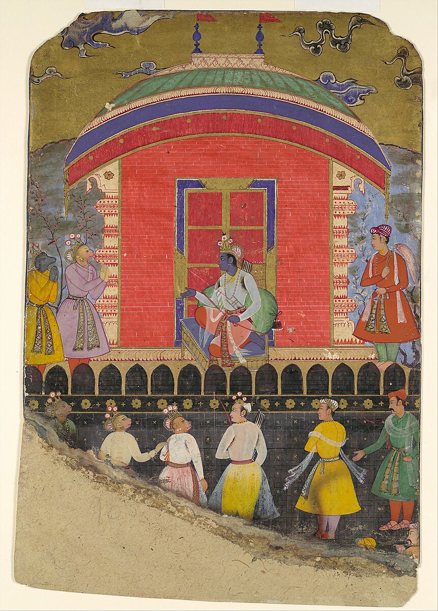 "Rama Receives Sugriva and Jambavat, the Monkey and Bear Kings", Folio from a Ramayana, Ink, opaque watercolor, and gold on paper