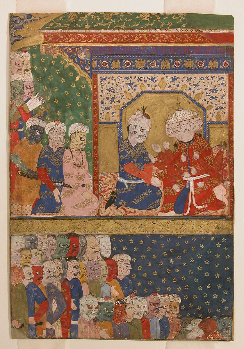 "Rama Receives Sugriva and Jambavat, the Monkey and Bear Kings", Folio from a Ramayana, Ink, opaque watercolor, and gold on paper