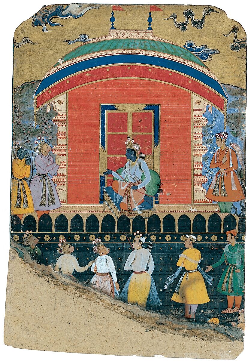 "Rama Receives Sugriva and Jambavat, the Monkey and Bear Kings", Folio from a Ramayana, Ink, opaque watercolor, and gold on paper