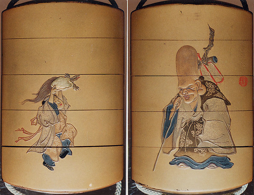 Case (Inrō) with Design of Deity of Longevity (Jurōjin) (obverse); Boy Offering a Tortoise (reverse), Tachibana Gyokuzan, Fundami sprinkled lacquer, gold and colored hiramakie sprinkled and polished lacquer, takamakie sprinkled and polished lacquer relief, and foil decoration; Netsuke: lacquered wood figure of Juro-jin; Ojime: zogan metal, Japan 
