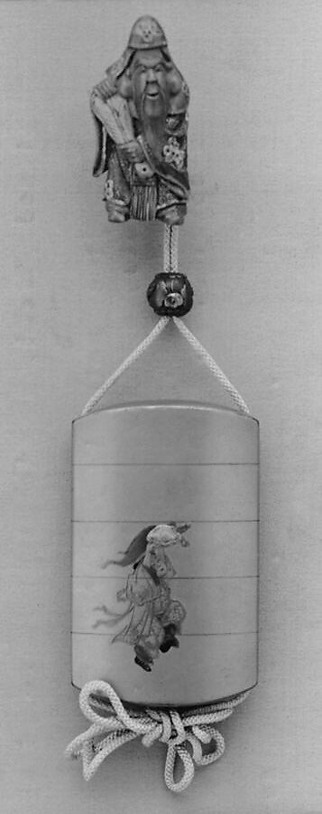 Case (Inrō) with Design of Deity of Longevity (Jurōjin) (obverse); Boy Offering a Tortoise (reverse), Tachibana Gyokuzan, Fundami sprinkled lacquer, gold and colored hiramakie sprinkled and polished lacquer, takamakie sprinkled and polished lacquer relief, and foil decoration; Netsuke: lacquered wood figure of Juro-jin; Ojime: zogan metal, Japan