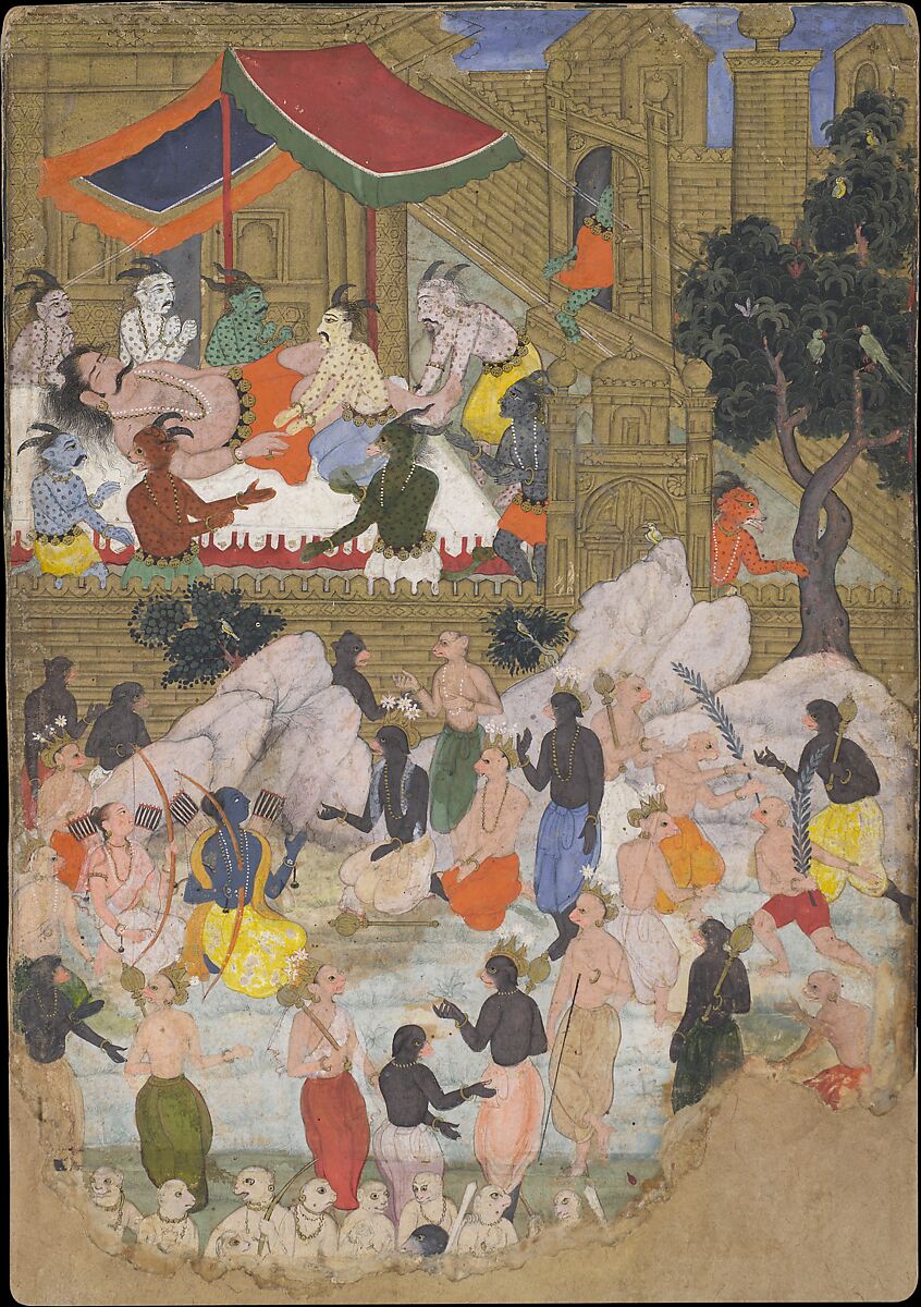 "The Awakening of Kumbhakarna in the Golden City of Lanka", Folio from a Ramayana, Opaque watercolor and gold on paper