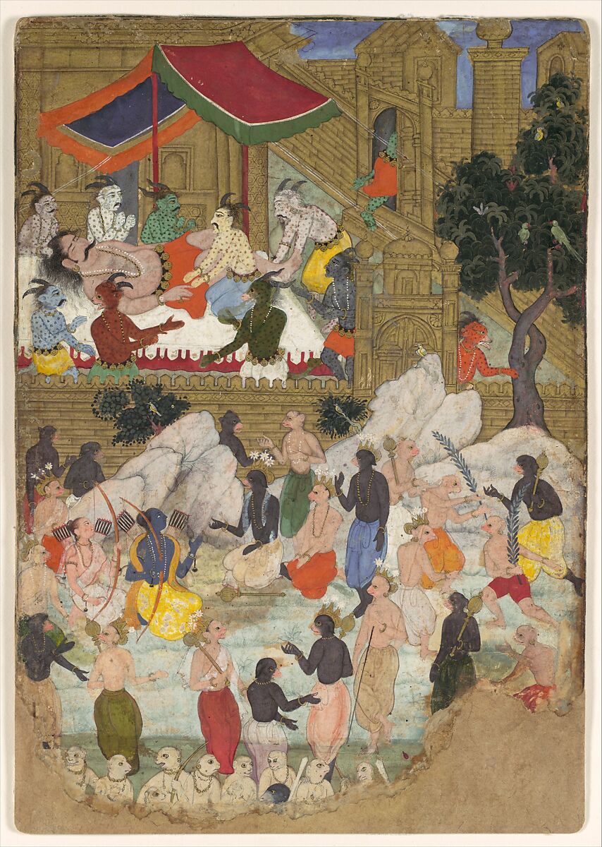 "The Awakening of Kumbhakarna in the Golden City of Lanka", Folio from a Ramayana, Opaque watercolor and gold on paper 
