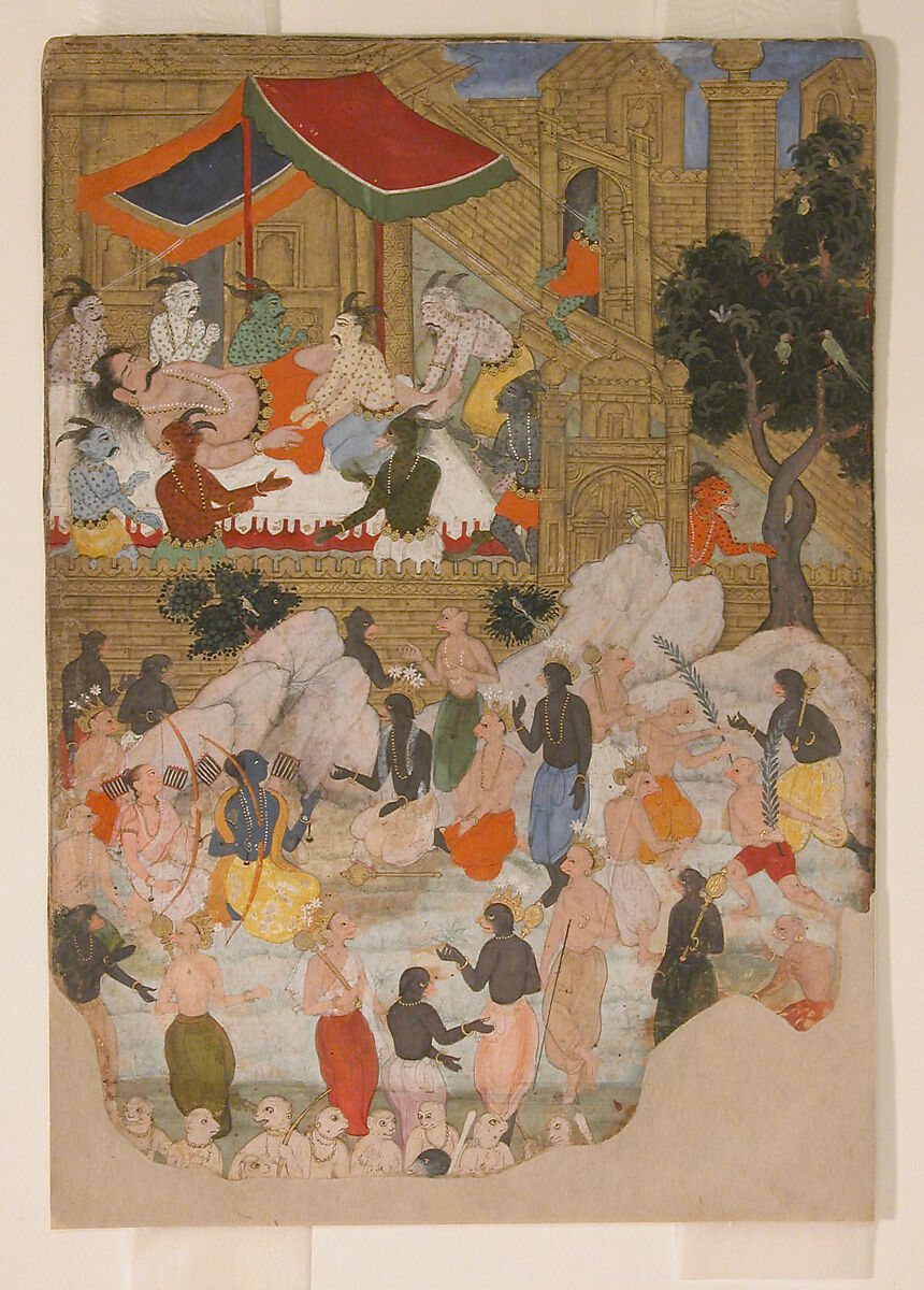 "The Awakening of Kumbhakarna in the Golden City of Lanka", Folio from a Ramayana, Opaque watercolor and gold on paper