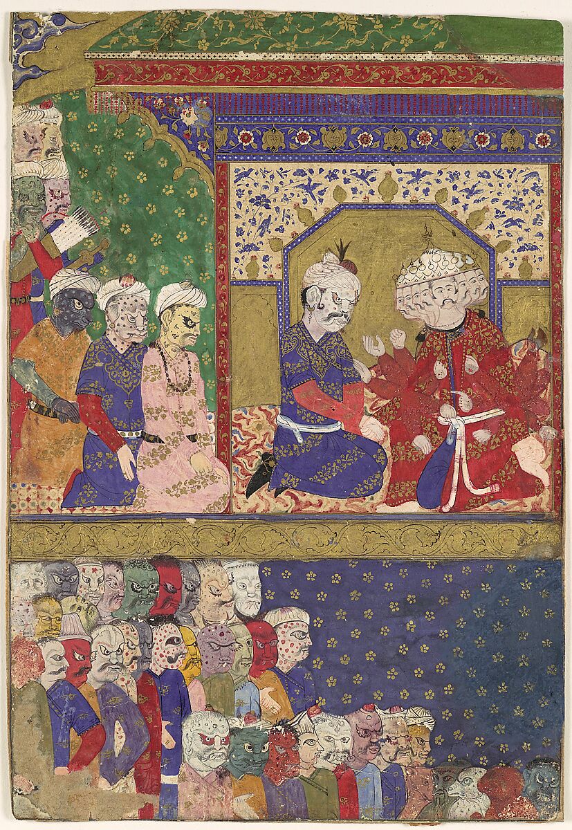 "The Court of Ravana", Folio from a Ramayana, Opaque watercolor and gold on paper 