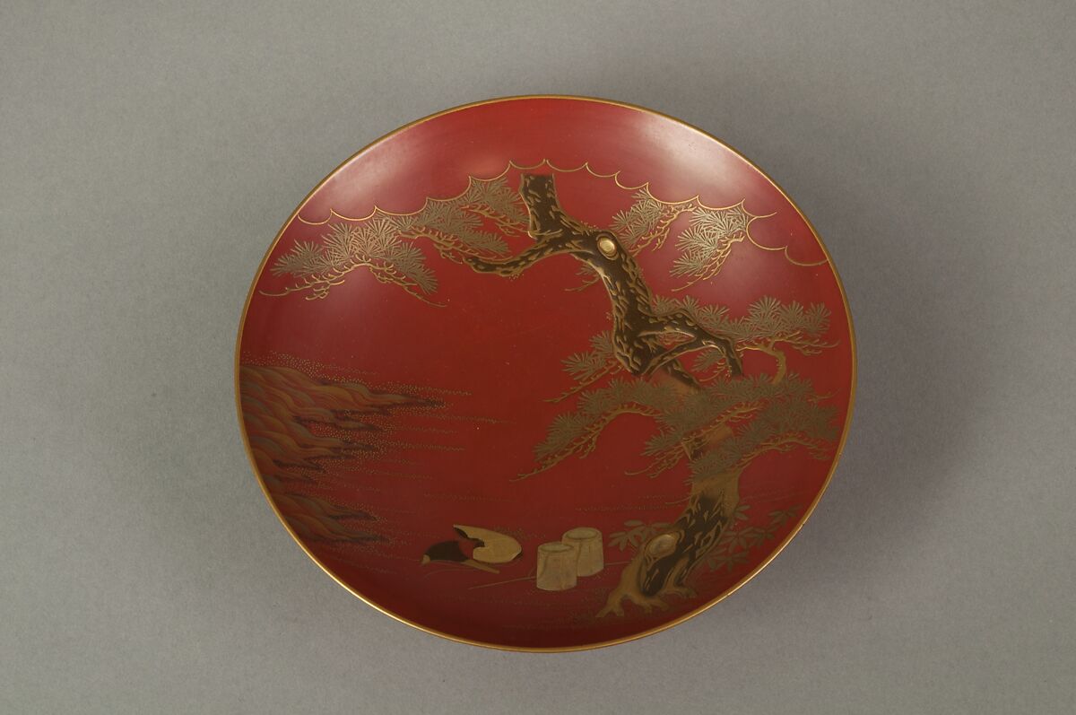 Sake Cup with Scenes from the Noh Plays Pine in the Winds, Yōrō Falls, and The Tengu of Mount Kurama, Shomosai (Japanese, active late 18th–early 19th century), Lacquered wood with gold and silver hiramaki-e and takamaki-e and cutout gold- and silver-foil application, Japan