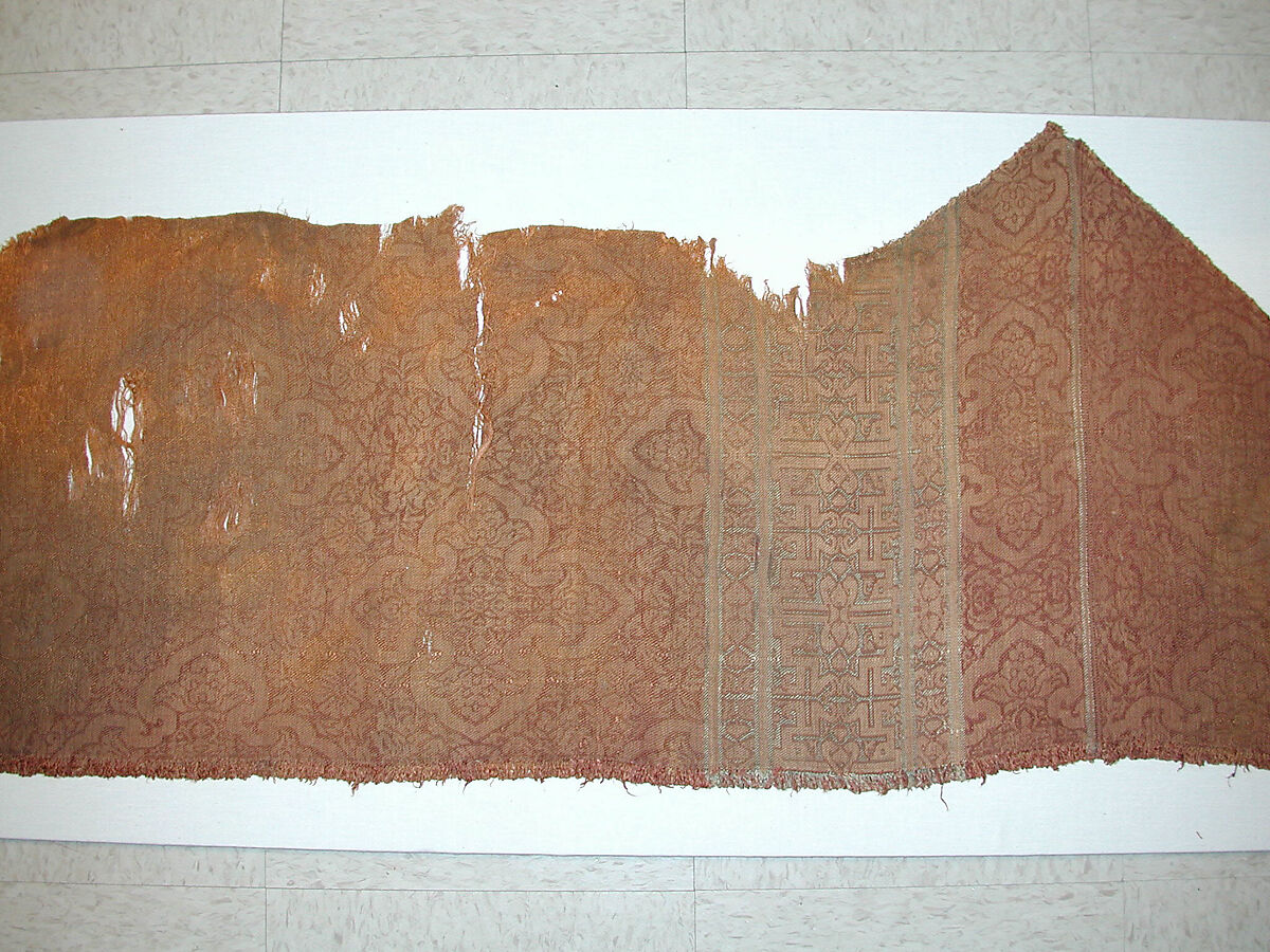 Textile Fragment, Brown or dark red, yellow (?), and blue silk and gilt metallic thread.  Samit (1/3 twill) 