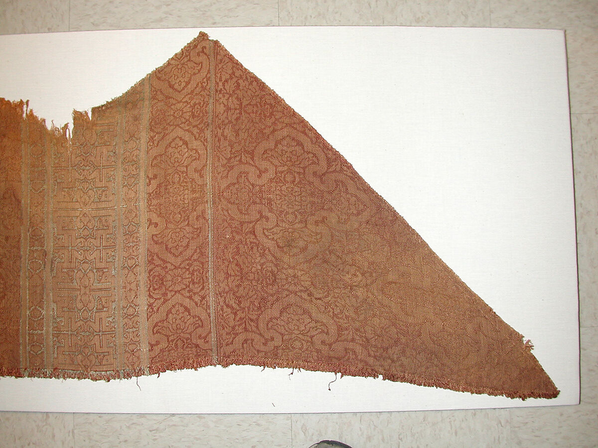 Textile Fragment, Brown or dark red, yellow (?), and blue silk and gilt metallic thread.  Samit (1/3 twill)