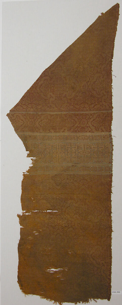 Textile Fragment, Brown or dark red, yellow (?), and blue silk and gilt metallic thread.  Samit (1/3 twill)