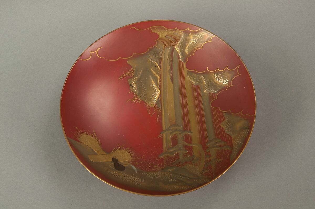 Sake Cup with Scenes from the Noh Plays Pine in the Winds, Yōrō Falls, and The Tengu of Mount Kurama, Shomosai (Japanese, active late 18th–early 19th century), Lacquered wood with gold and silver hiramaki-e and takamaki-e and cutout gold- and silver-foil application, Japan